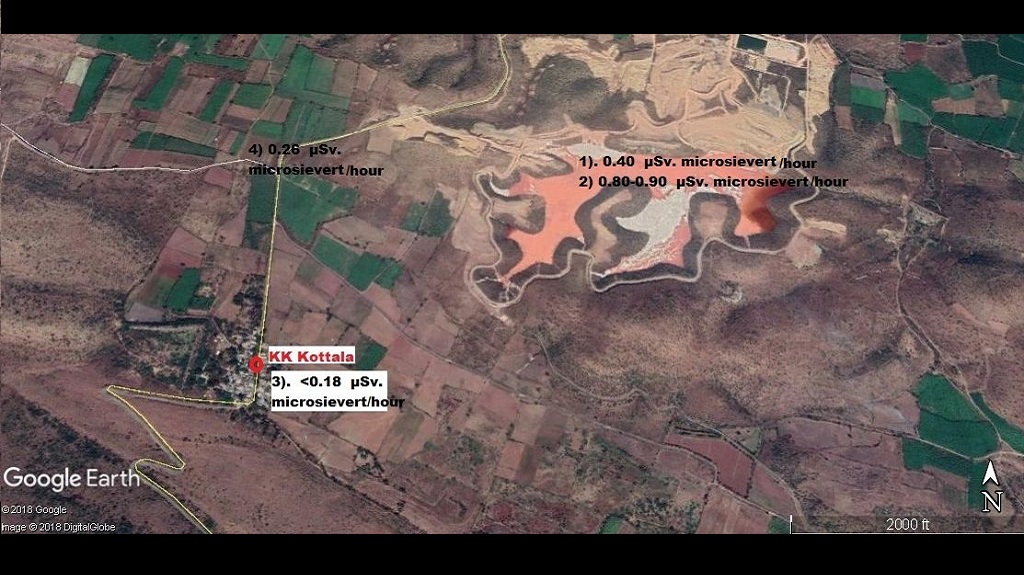 Radiation readings from different locations around the mine and the tailing pond 