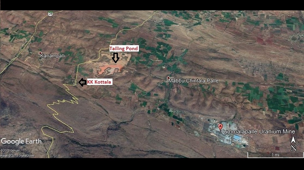 Tummalapalle uranium mine, the tailing pond and adjoining villages